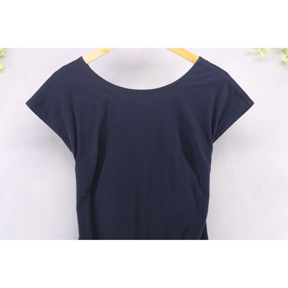 Theory Andrizza Twisted Back Navy Soft Stretch Seersucker Sheath Dress Sz 0 NEW - Picture 3 of 11